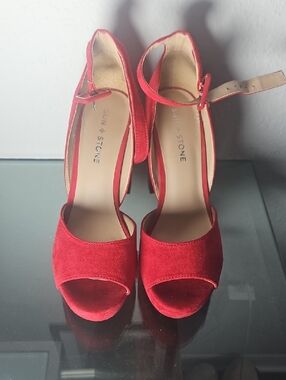 Sun + Stone Crimson Red Suede Peep-Toe Ankle Strap Heels